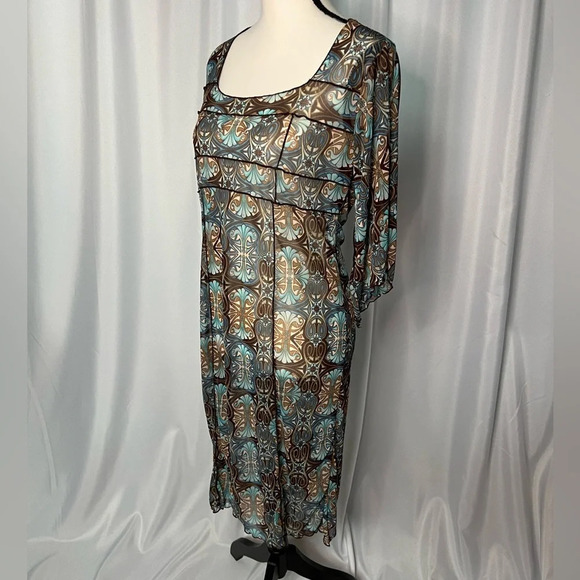Brown, Tan & Blue Geometric Pattern Sheer Square Neck Dress or Cover-Up - Picture 4 of 10